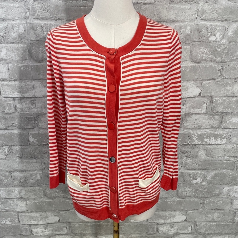 Talbots Orange  and White Striped Button Cardigan